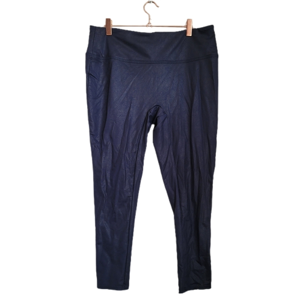 All Worthy Leggings Womens LP Large Petite Blue Faux Leather High Rise Crop